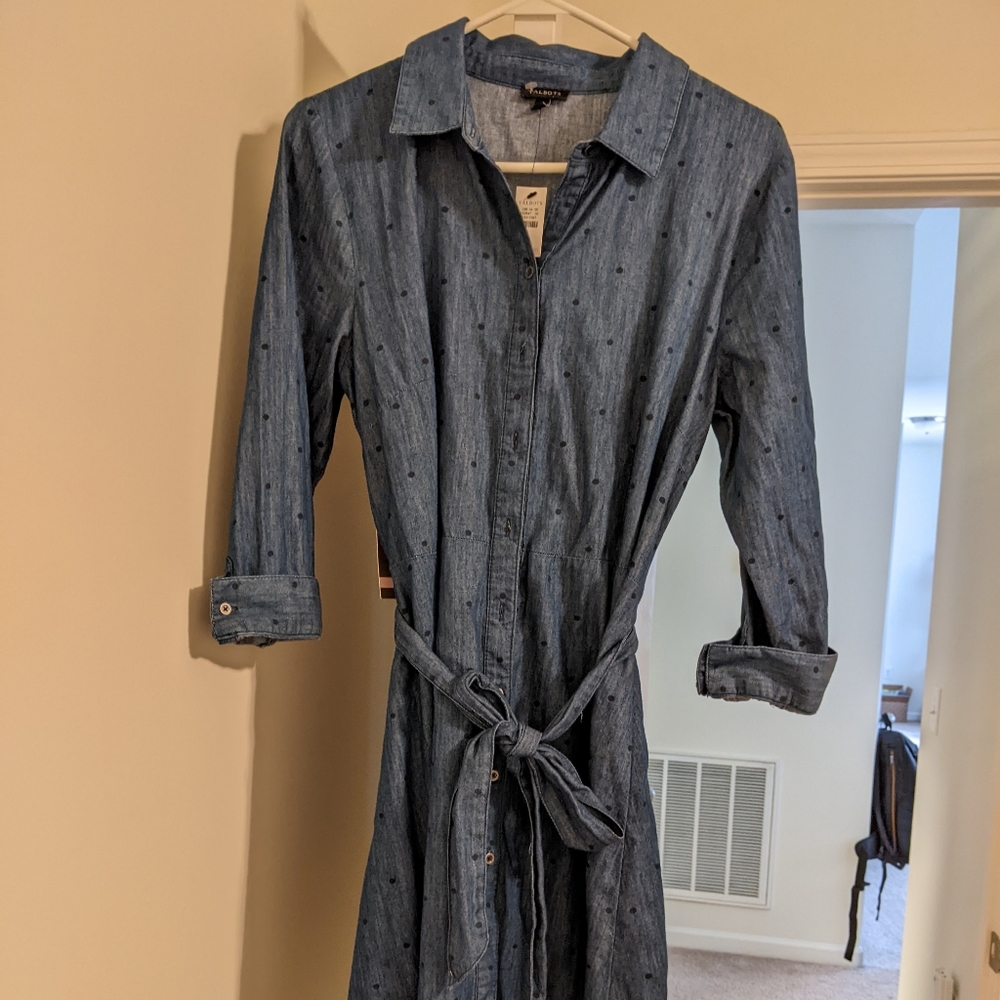 Talbot's blue polka dot button down shirt dress